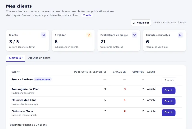 Mes clients : un espace par client avec publications, validations et comptes