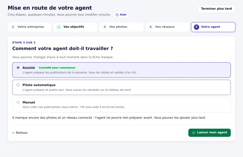 Choix du mode de l'agent : assisté, pilote automatique ou manuel