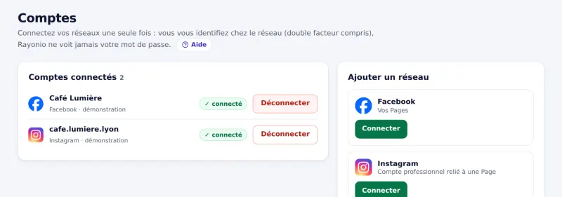Comptes de réseaux : Facebook et Instagram connectés, boutons Connecter et Déconnecter