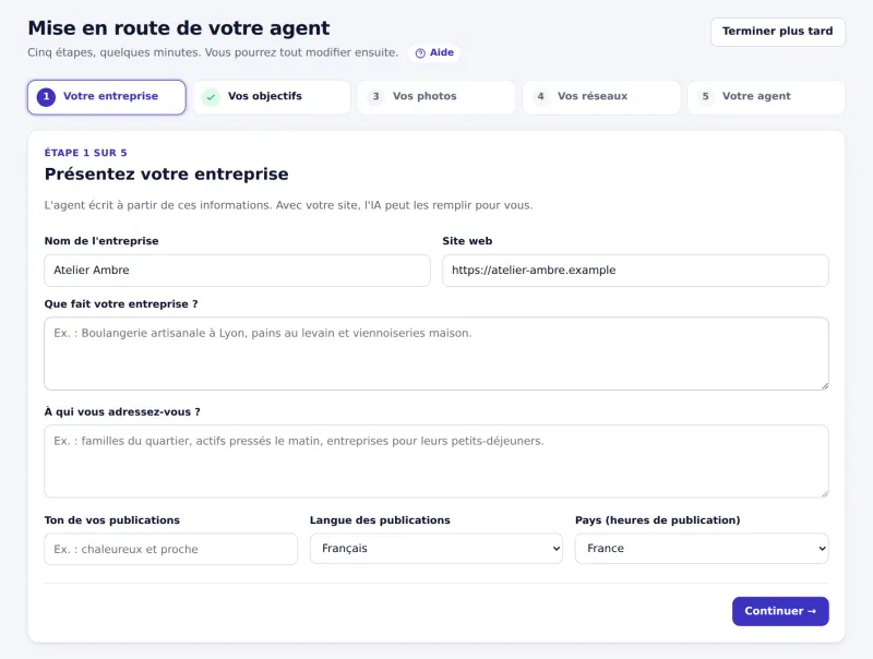 Mise en route : étape 1 sur 5, présentez votre entreprise