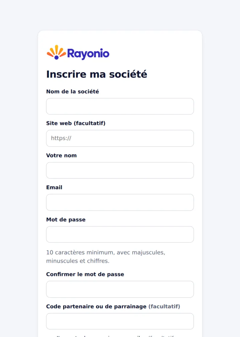 Formulaire d'inscription de Rayonio : société, site web, nom, e-mail, mot de passe