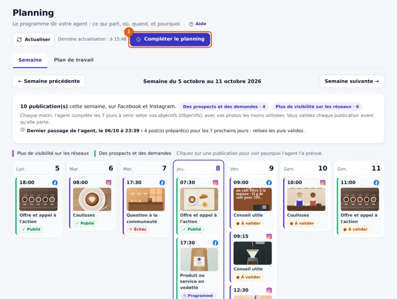 Planning de la semaine avec publications publiées, programmées, à valider et en échec