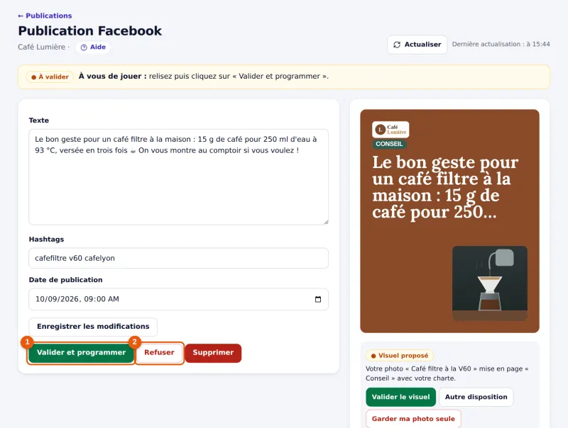 Publication à valider avec texte, hashtags, date et visuel proposé