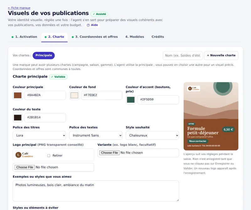 Charte visuelle : couleurs, polices, style, logo et aperçu